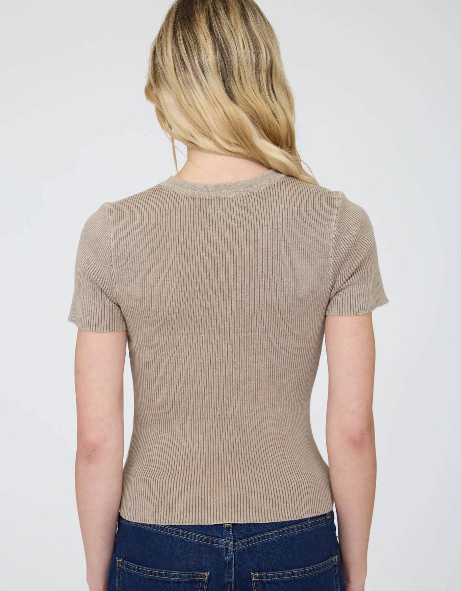 Miss Bliss J.O.A. Washed Ribbed SS Cropped Knit Tee- Mocha