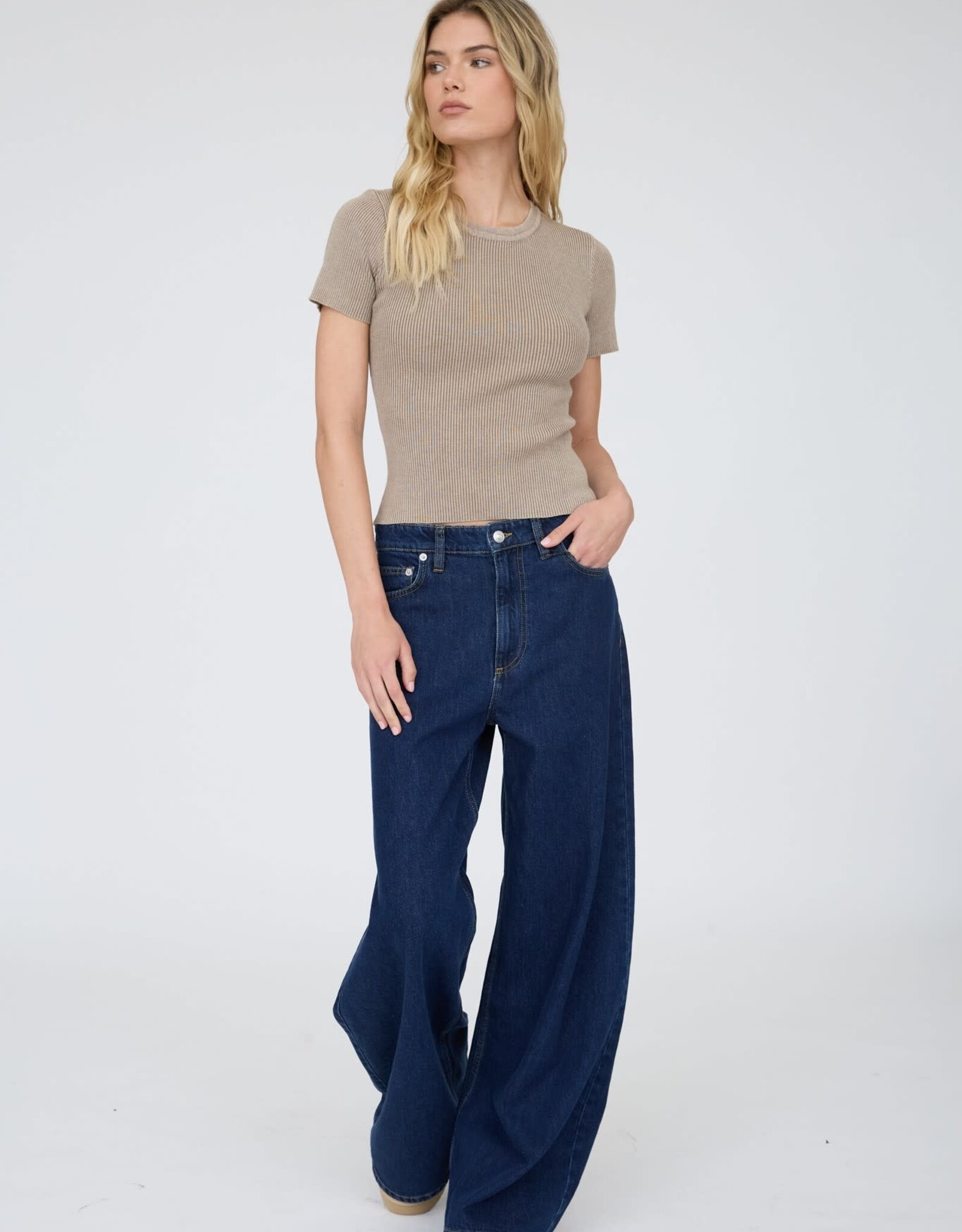 Miss Bliss J.O.A. Washed Ribbed SS Cropped Knit Tee- Mocha