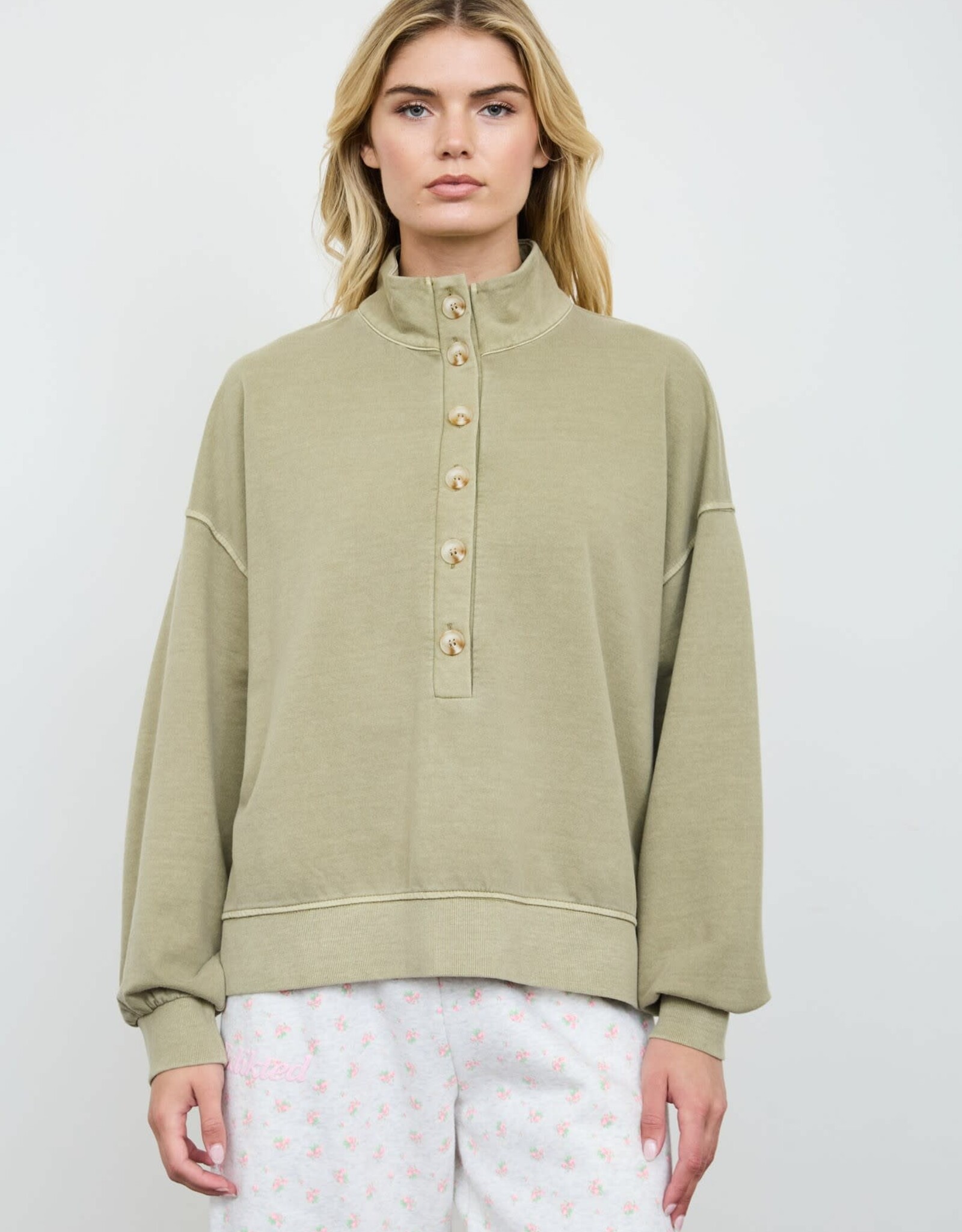 Miss Bliss J.O.A. Mock Neck Henley LS Knit Top- Lt. Olive