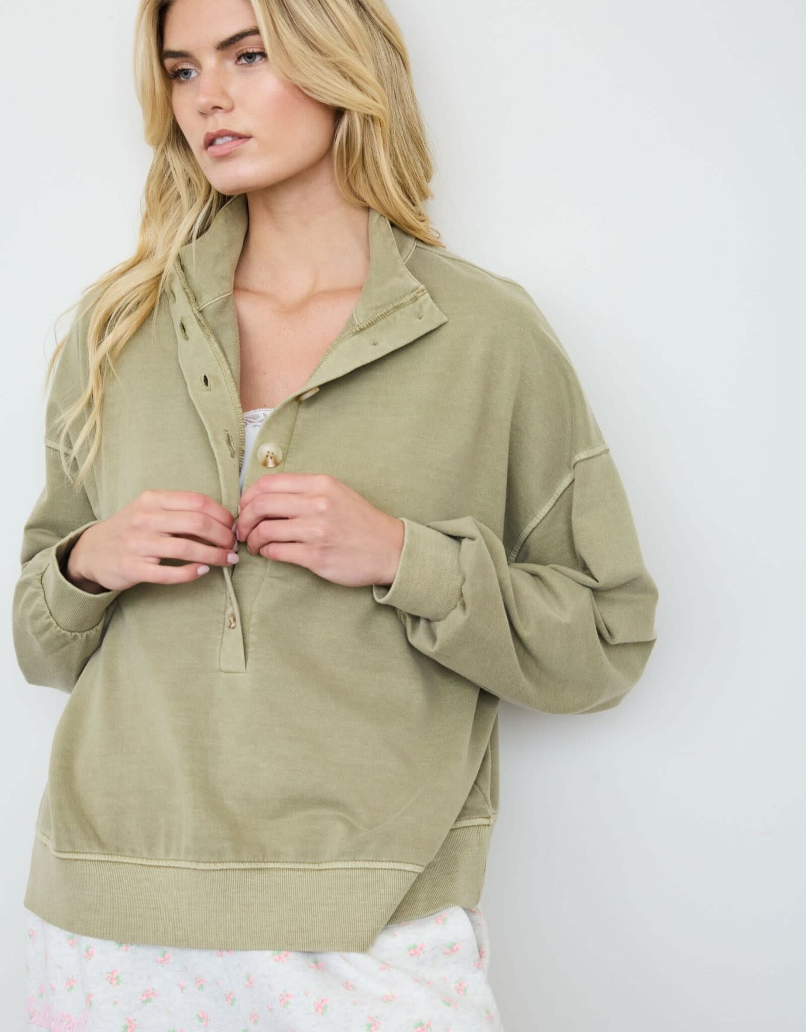 Miss Bliss J.O.A. Mock Neck Henley LS Knit Top- Lt. Olive