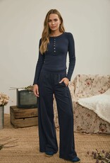 Miss Bliss J.O.A. Fitted LS Ribbed Henley Knit Top- Navy