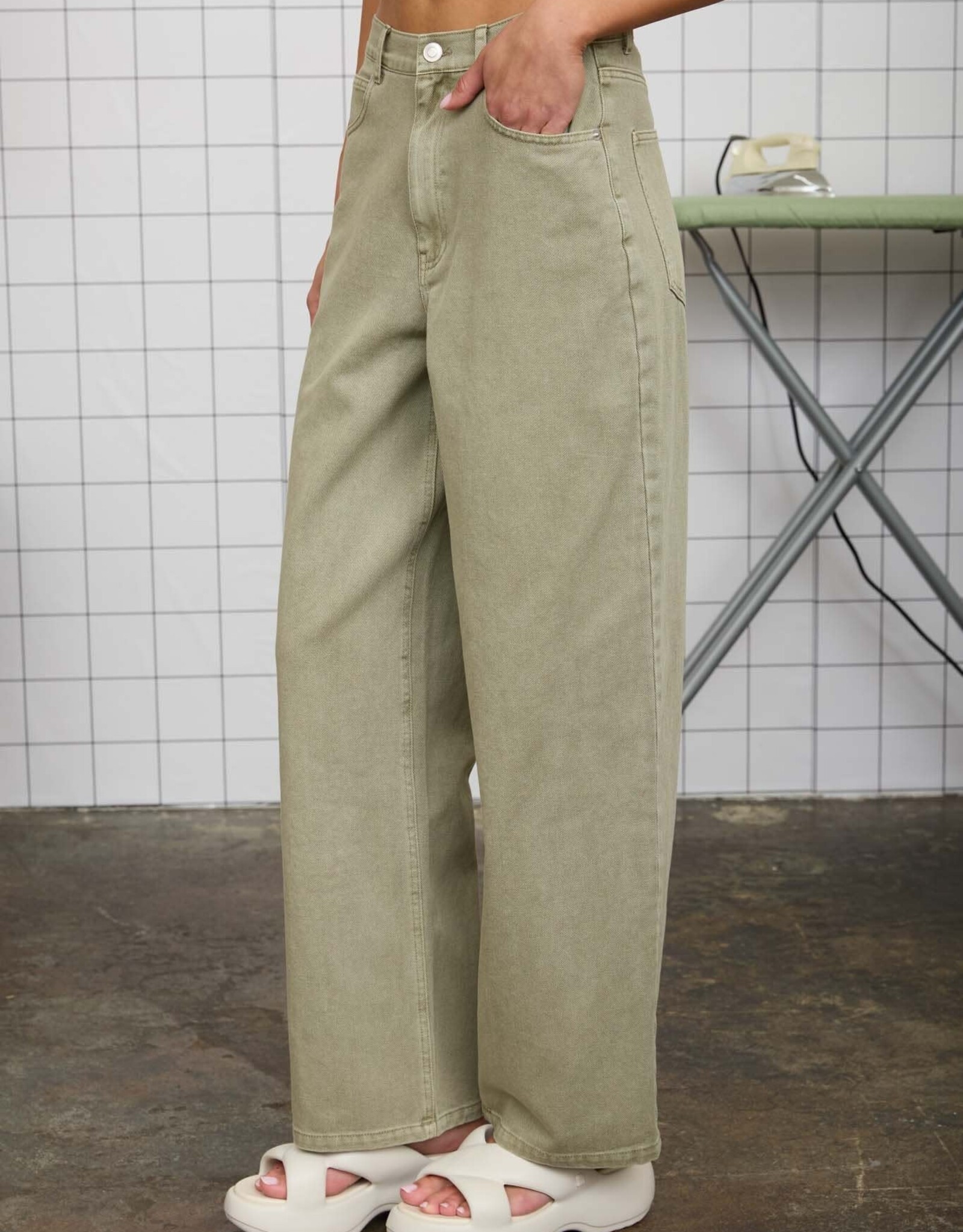 Miss Bliss J.O.A. Washed Light Wide Leg Jeans-Olive
