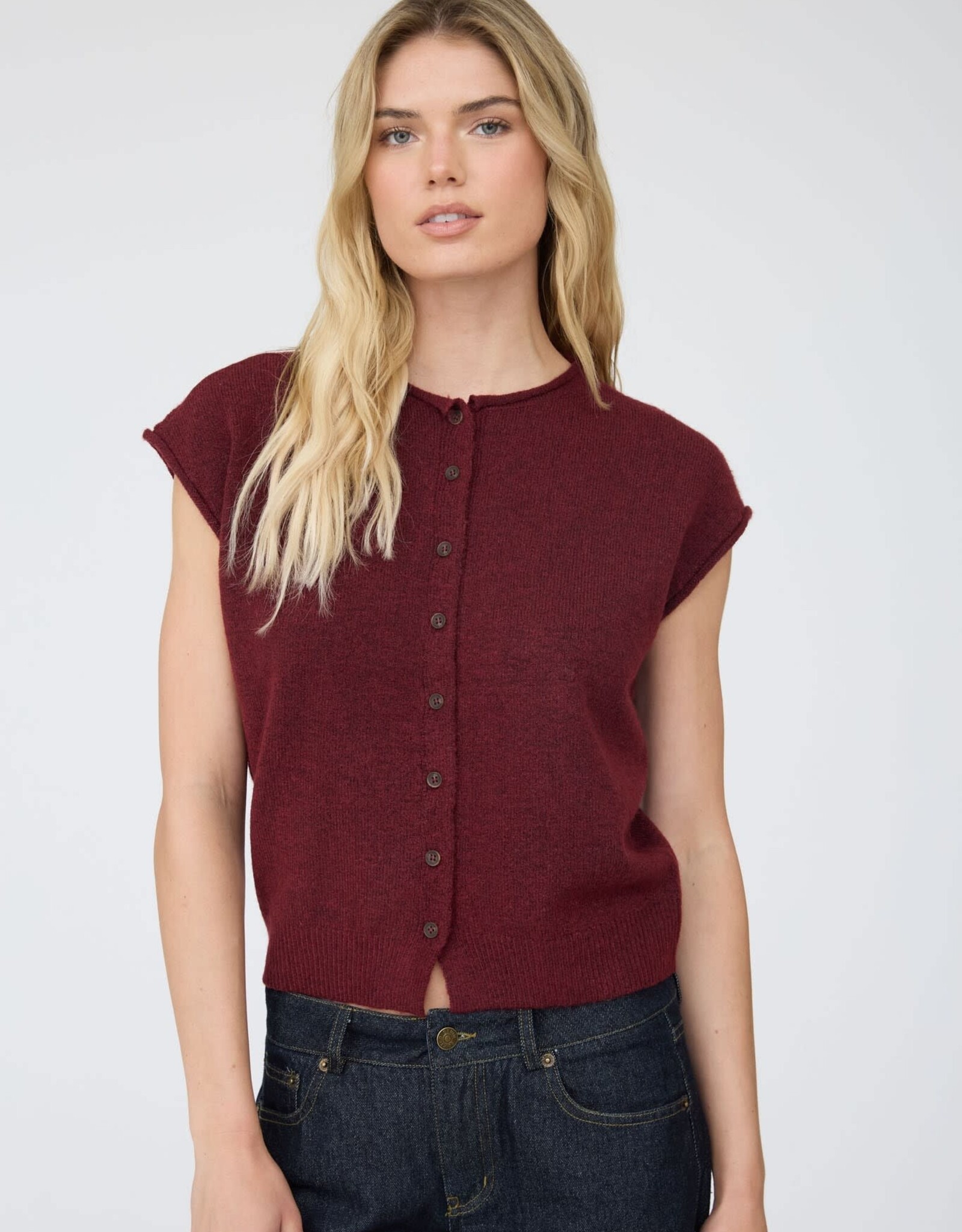 Miss Bliss J.O.A. Raw Edge Slvs Lightweight Cardigan- Burgundy