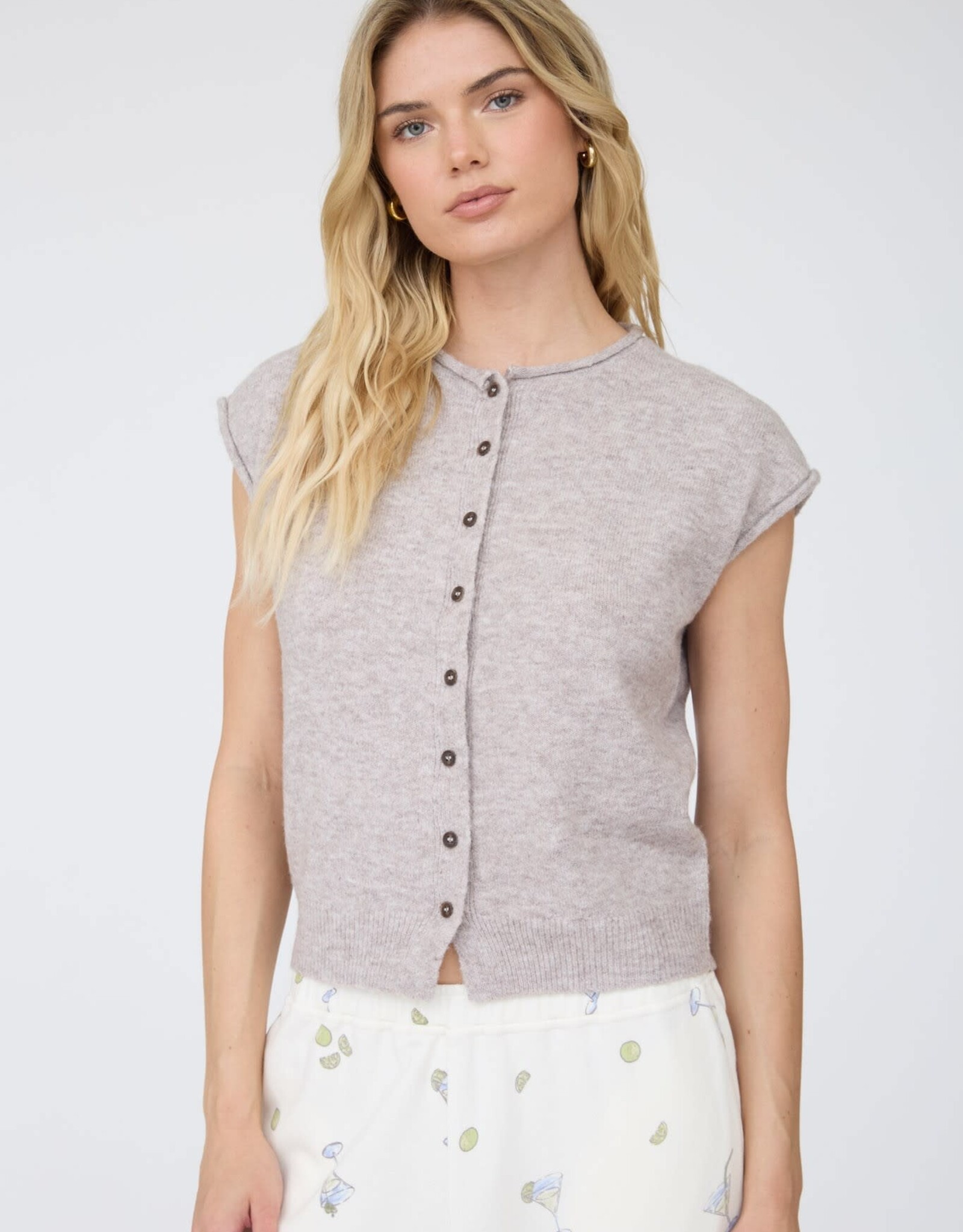 Miss Bliss J.O.A. Raw Edge Slvs Lightweight Cardigan- Lt Taupe