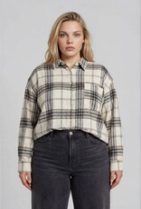Miss Bliss J.O.A. Plus Plaid Boxy Button Collared LS Shirt- Khaki