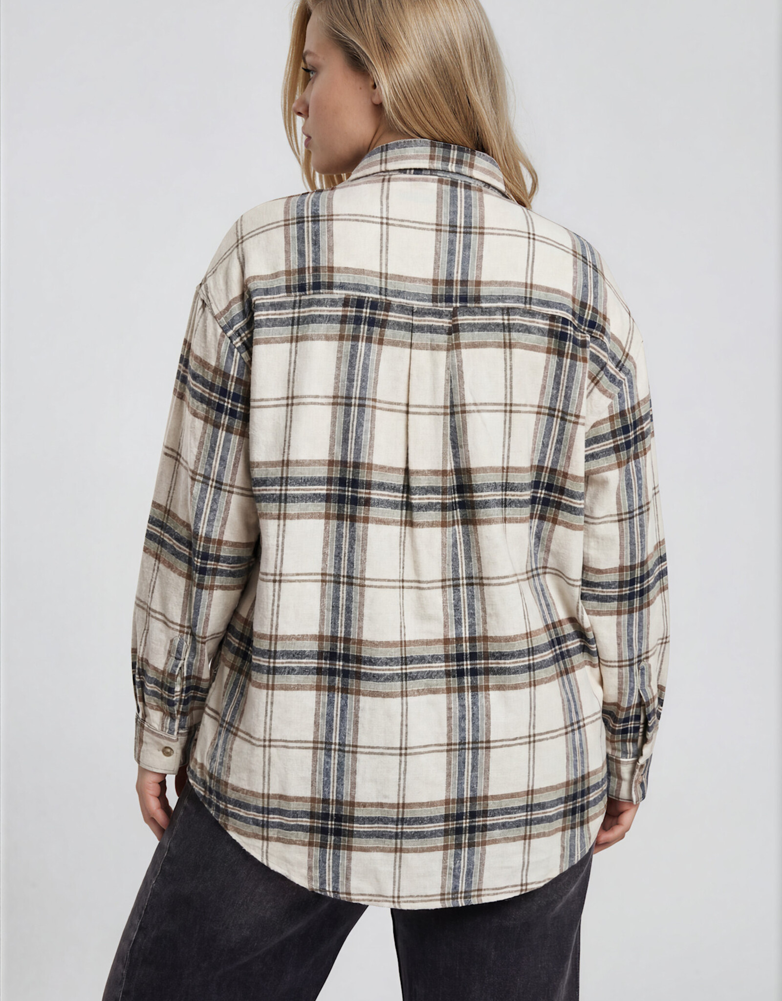 Miss Bliss J.O.A. Plus Plaid Boxy Button Collared LS Shirt- Khaki