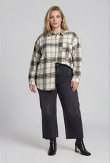 Miss Bliss J.O.A. Plus Plaid Boxy Button Collared LS Shirt- Khaki