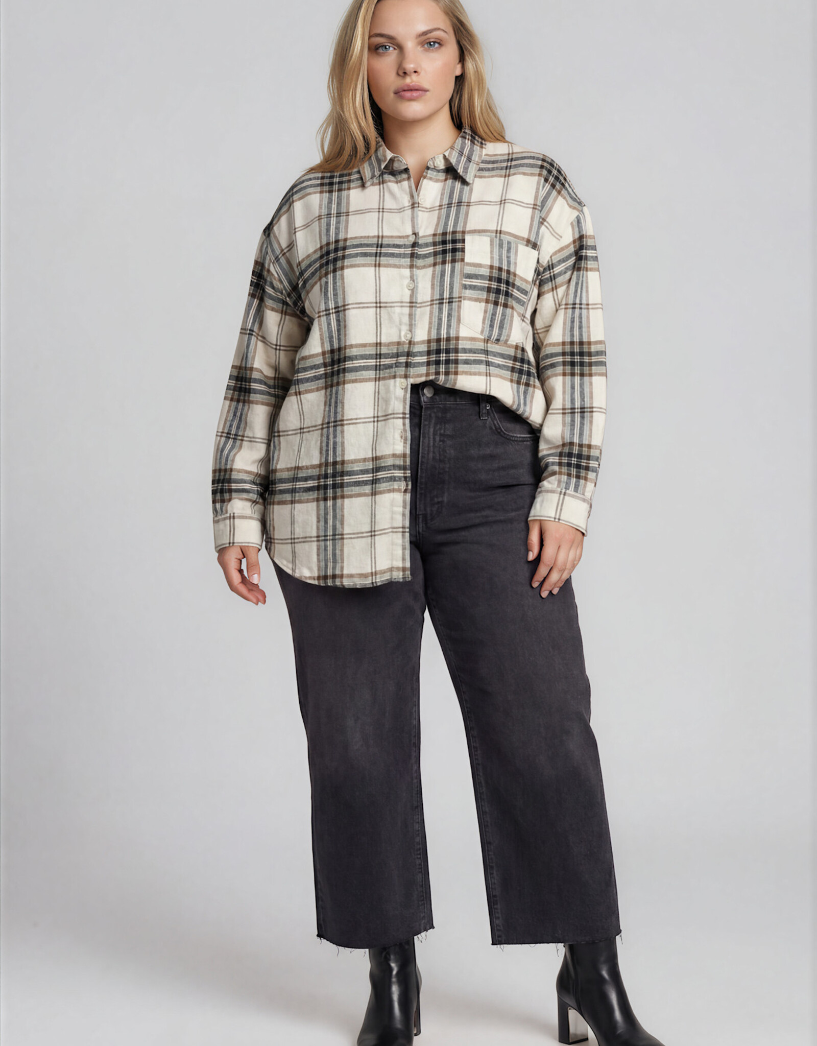 Miss Bliss J.O.A. Plus Plaid Boxy Button Collared LS Shirt- Khaki
