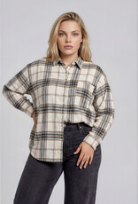 Miss Bliss J.O.A. Plus Plaid Boxy Button Collared LS Shirt- Khaki