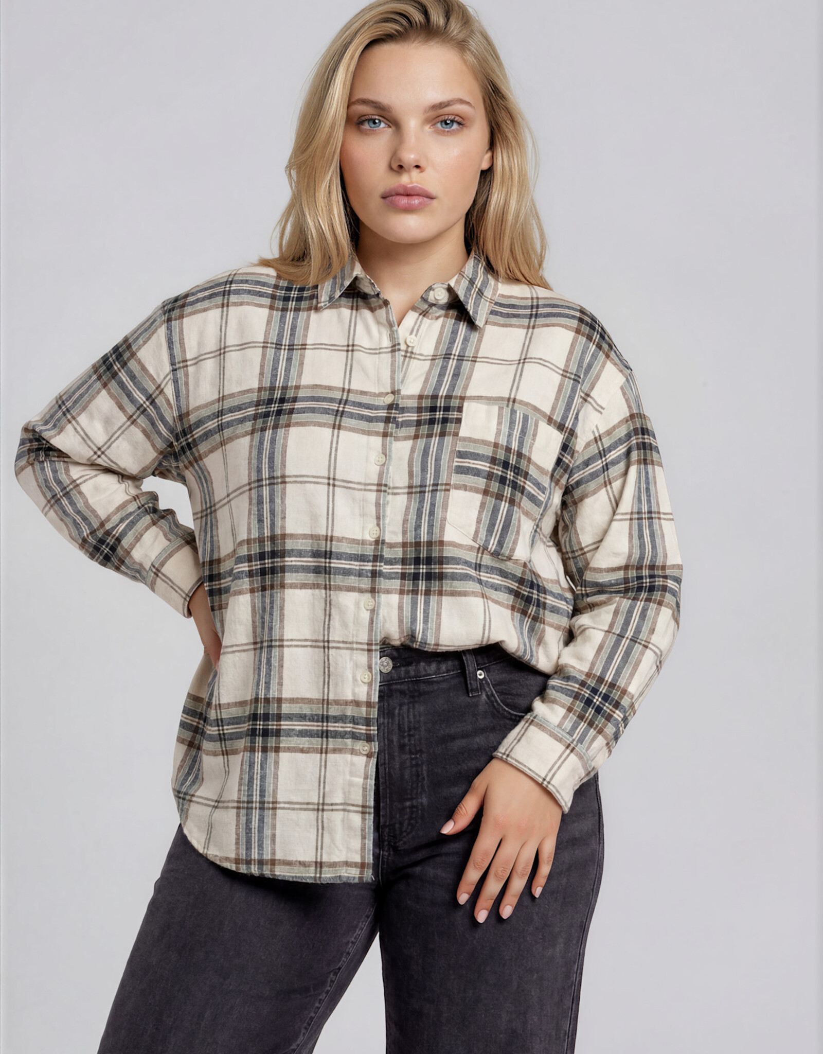 Miss Bliss J.O.A. Plus Plaid Boxy Button Collared LS Shirt- Khaki