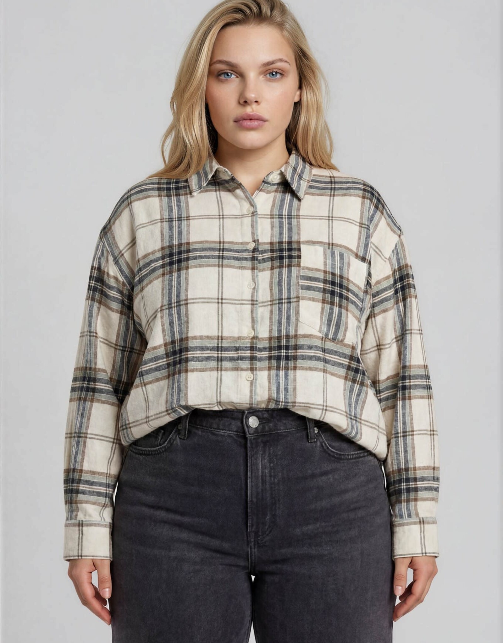Miss Bliss J.O.A. Plus Plaid Boxy Button Collared LS Shirt- Khaki