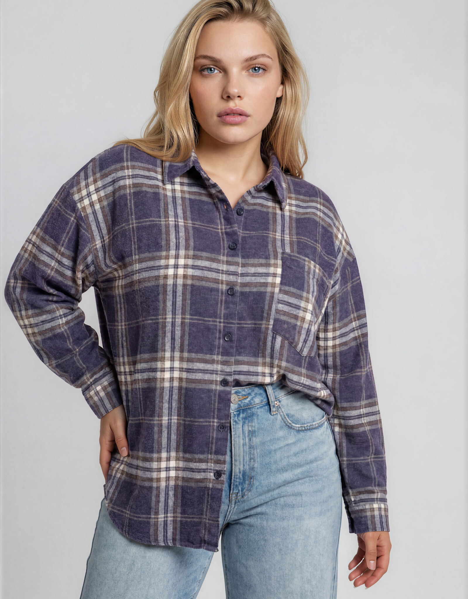 Miss Bliss J.O.A. Plus Plaid Boxy Button Collared LS Shirt-Navy