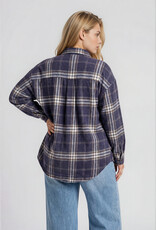 Miss Bliss J.O.A. Plus Plaid Boxy Button Collared LS Shirt-Navy