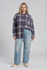 Miss Bliss J.O.A. Plus Plaid Boxy Button Collared LS Shirt-Navy