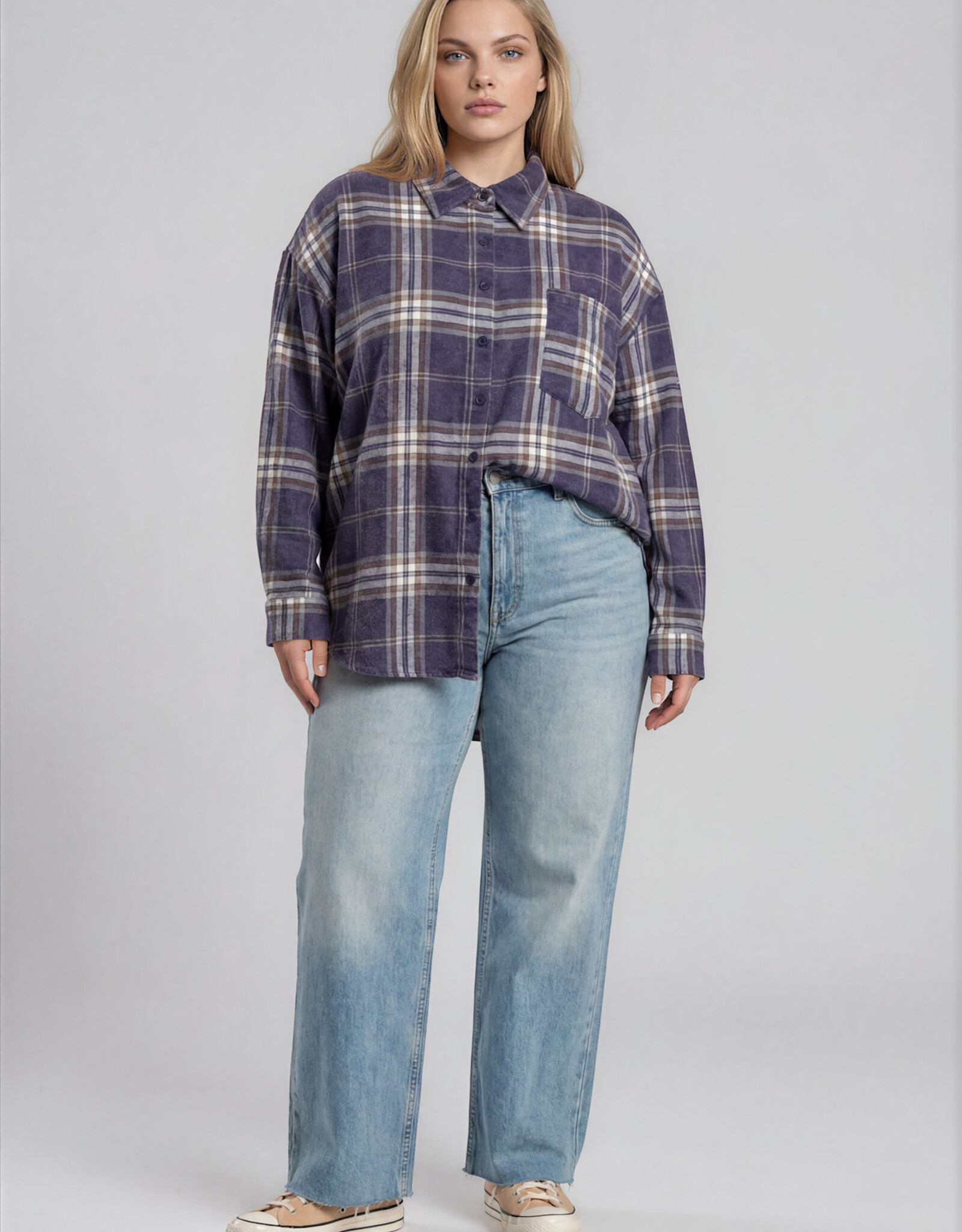 Miss Bliss J.O.A. Plus Plaid Boxy Button Collared LS Shirt-Navy