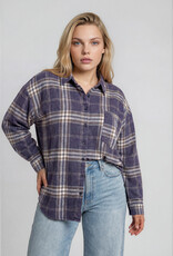 Miss Bliss J.O.A. Plus Plaid Boxy Button Collared LS Shirt-Navy