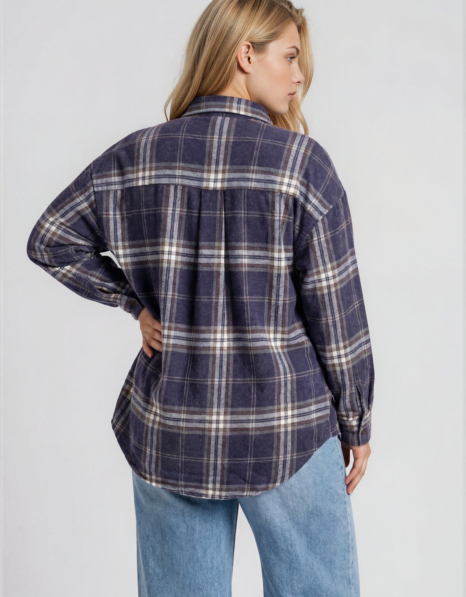 Miss Bliss J.O.A. Plus Plaid Boxy Button Collared LS Shirt-Navy