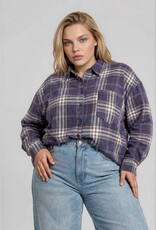 Miss Bliss J.O.A. Plus Plaid Boxy Button Collared LS Shirt-Navy