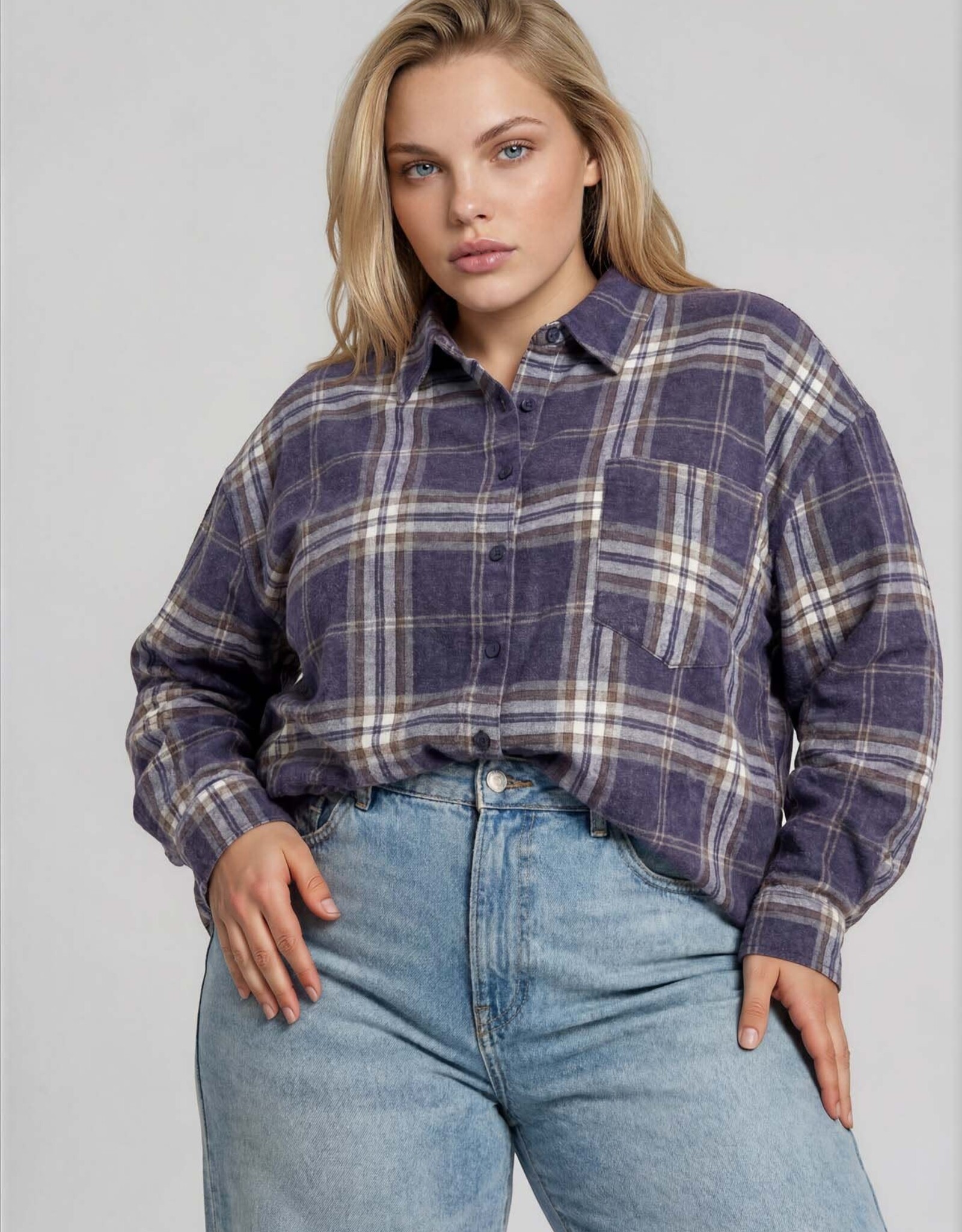 Miss Bliss J.O.A. Plus Plaid Boxy Button Collared LS Shirt-Navy