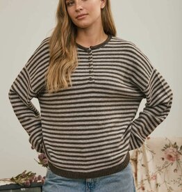 Miss Bliss Button Henley Stripe Sweater-Deep Brown