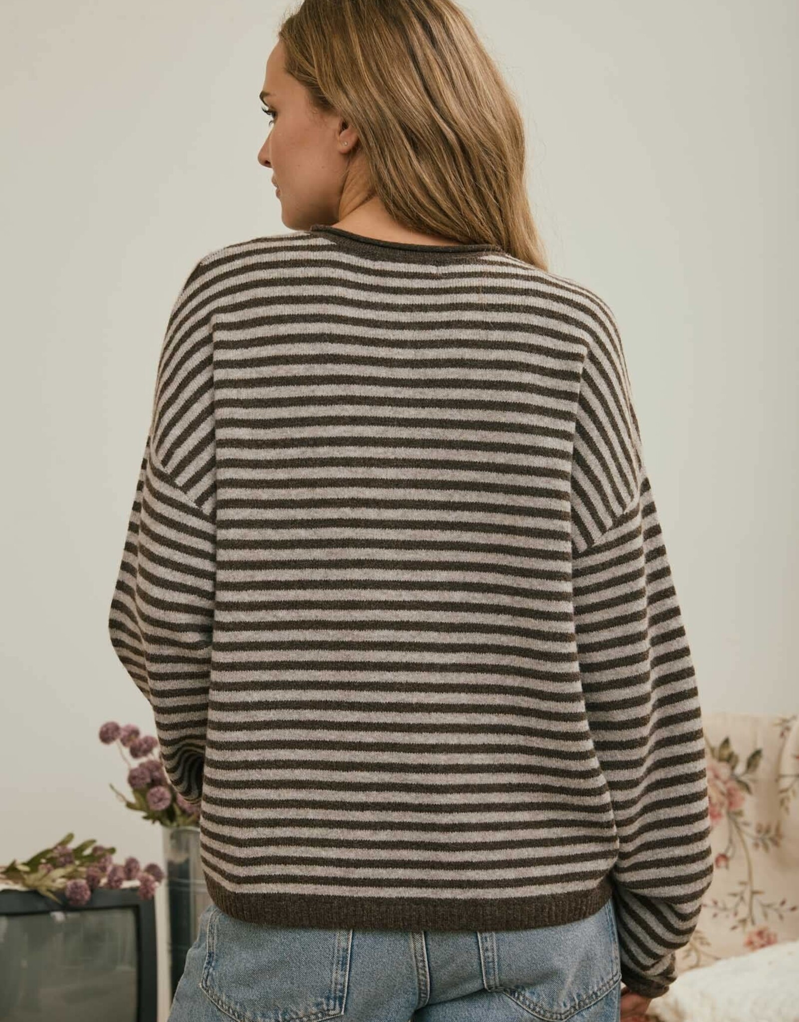 Miss Bliss J.O.A. Button Henley Stripe LS Drop Shoulder Sweater- Deep Brown