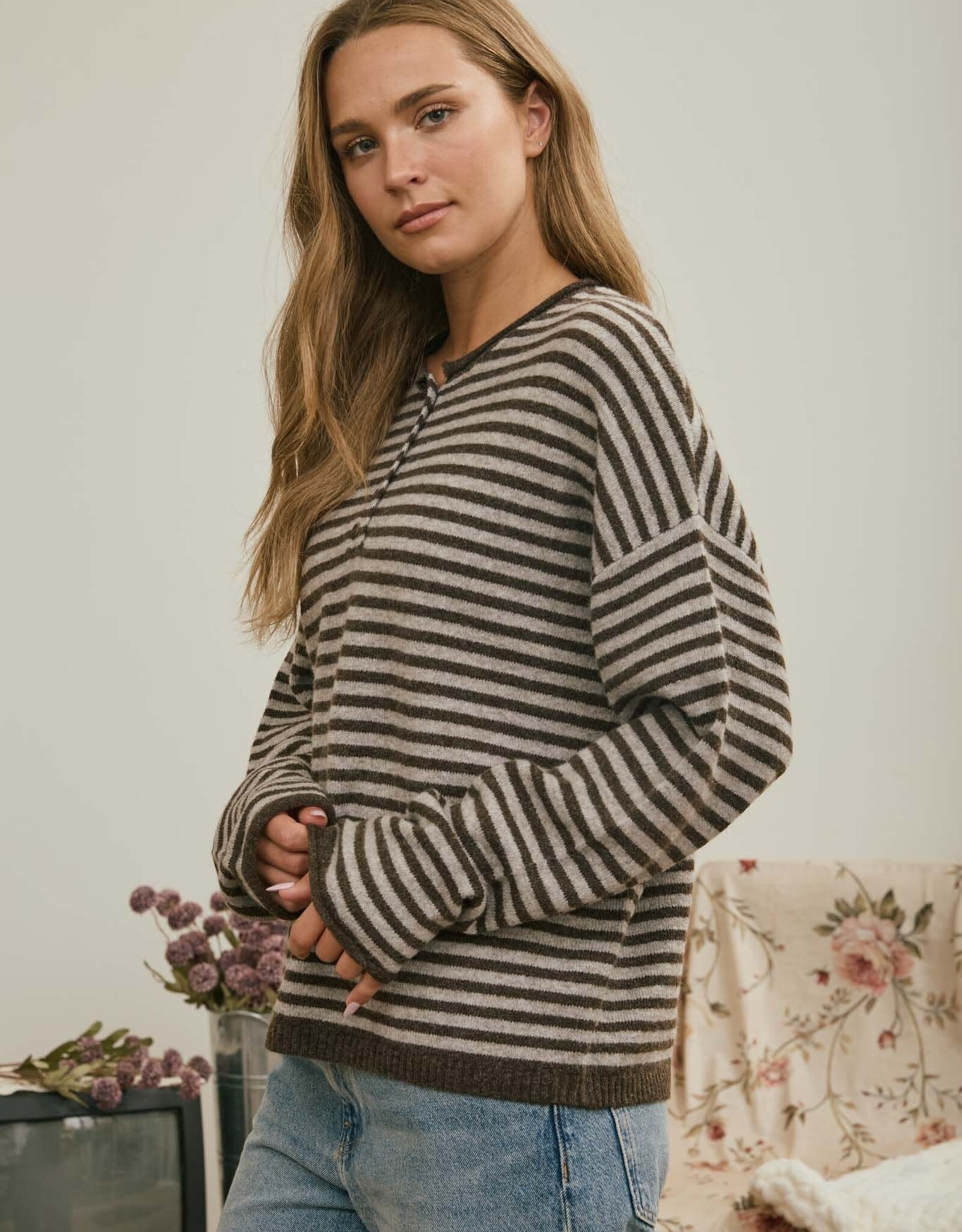 Miss Bliss J.O.A. Button Henley Stripe LS Drop Shoulder Sweater- Deep Brown