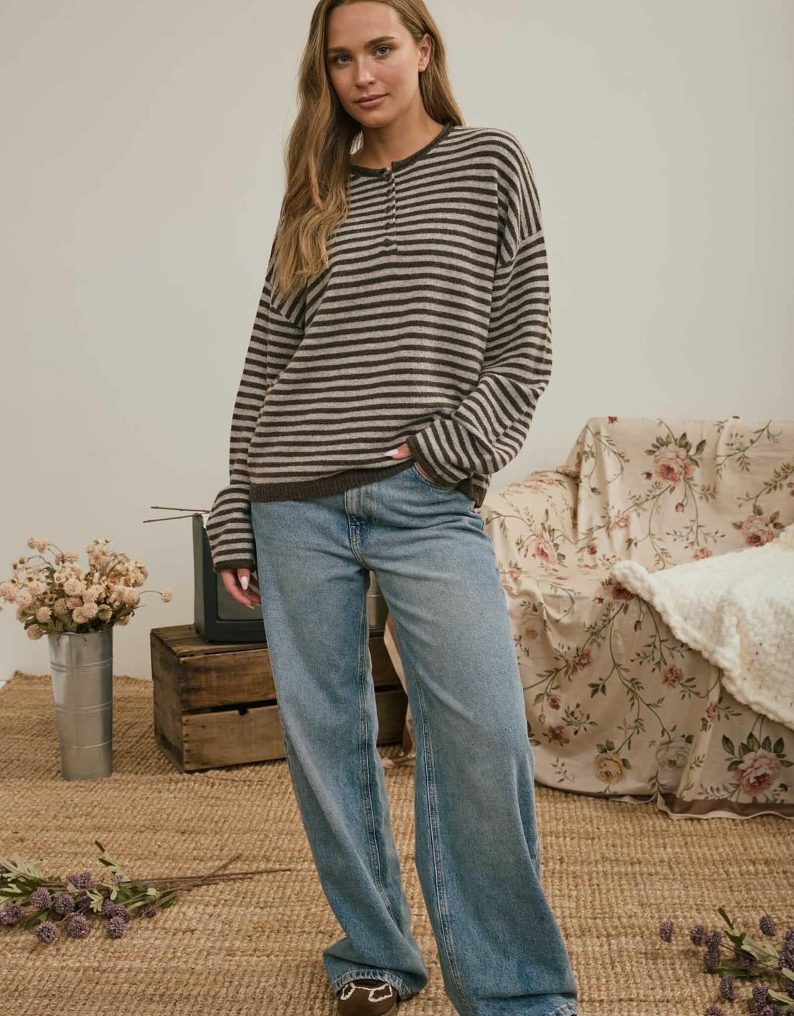 Miss Bliss J.O.A. Button Henley Stripe LS Drop Shoulder Sweater- Deep Brown