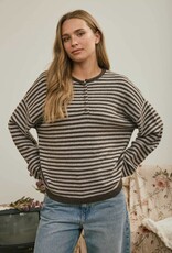 Miss Bliss J.O.A. Button Henley Stripe LS Drop Shoulder Sweater- Deep Brown
