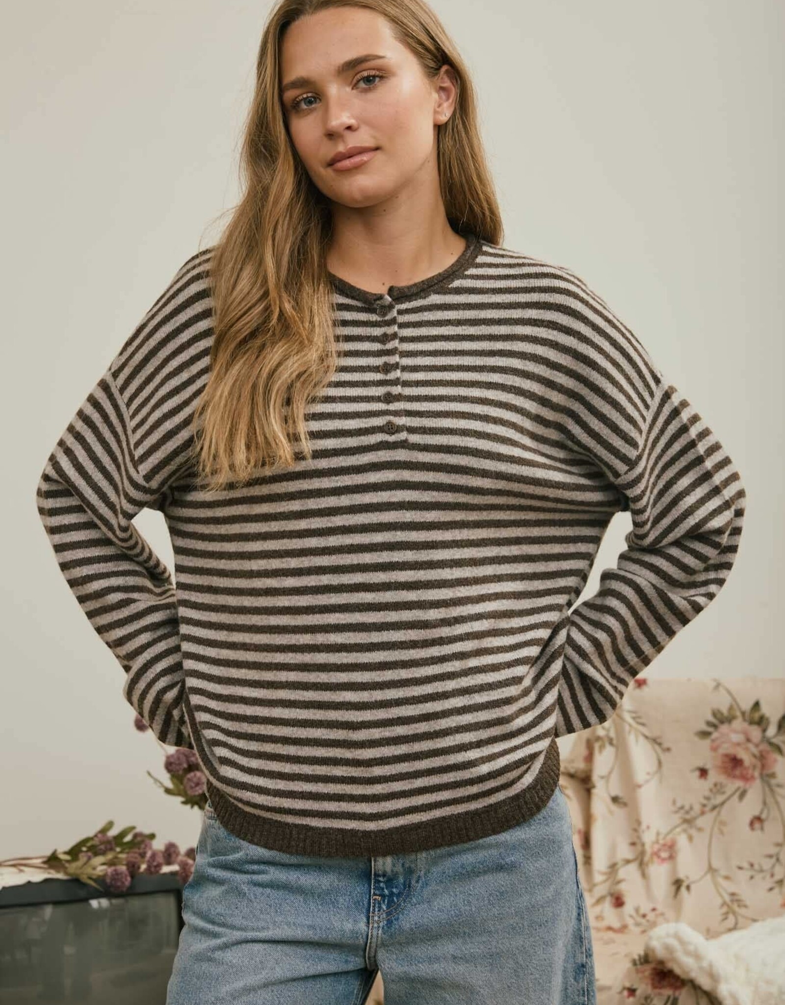 Miss Bliss J.O.A. Button Henley Stripe LS Drop Shoulder Sweater- Deep Brown