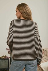 Miss Bliss J.O.A. Button Henley Stripe LS Drop Shoulder Sweater- Deep Brown