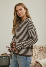 Miss Bliss J.O.A. Button Henley Stripe LS Drop Shoulder Sweater- Deep Brown
