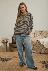 Miss Bliss J.O.A. Button Henley Stripe LS Drop Shoulder Sweater- Deep Brown