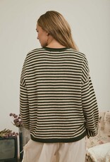 Miss Bliss J.O.A. Button Henley Stripe LS Drop Shoulder Sweater- Olive