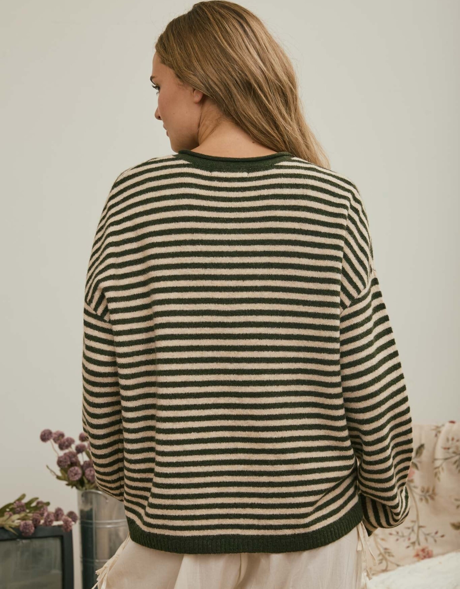 Miss Bliss J.O.A. Button Henley Stripe LS Drop Shoulder Sweater- Olive