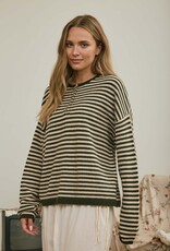 Miss Bliss J.O.A. Button Henley Stripe LS Drop Shoulder Sweater- Olive
