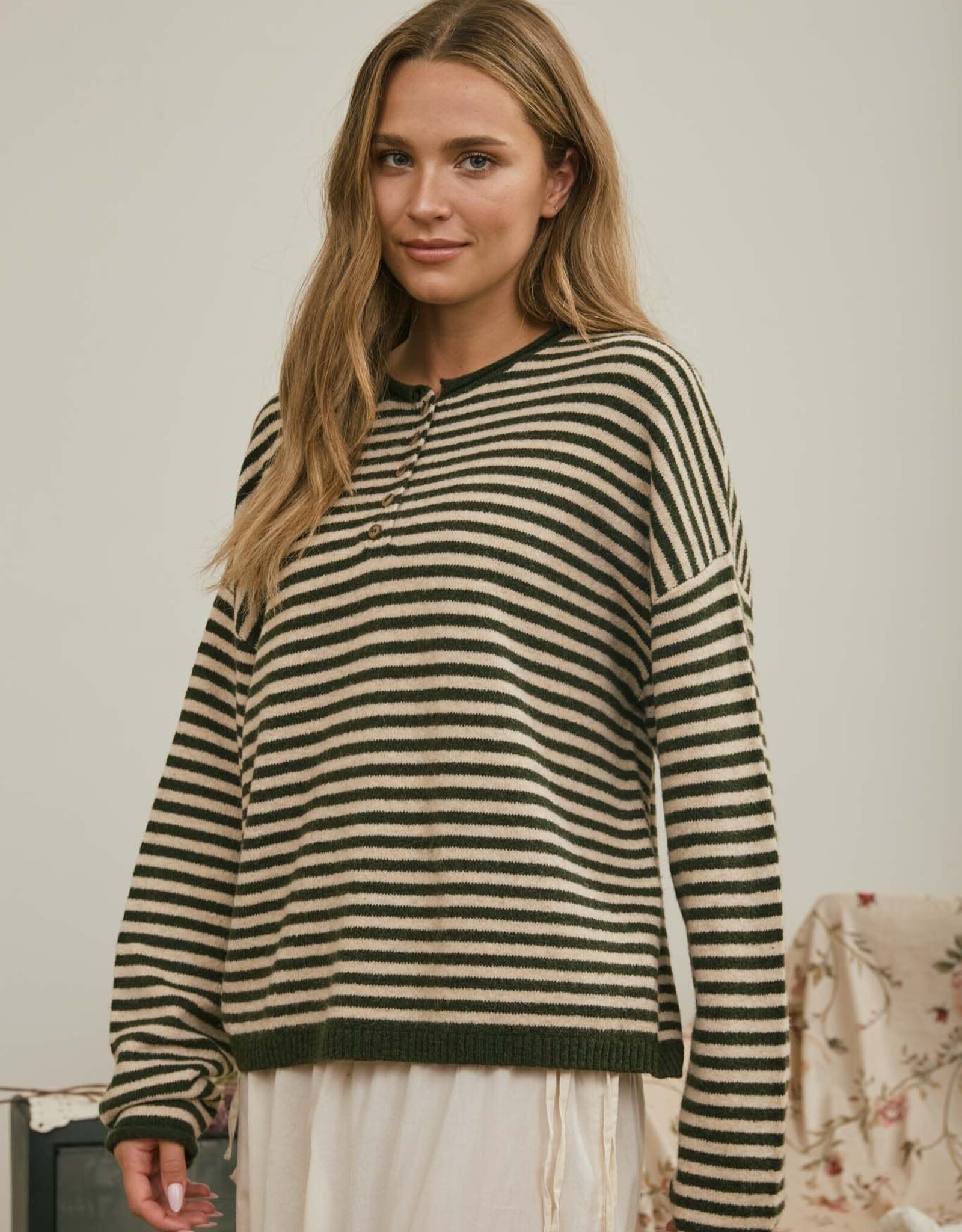 Miss Bliss J.O.A. Button Henley Stripe LS Drop Shoulder Sweater- Olive