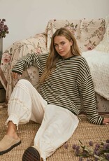 Miss Bliss J.O.A. Button Henley Stripe LS Drop Shoulder Sweater- Olive