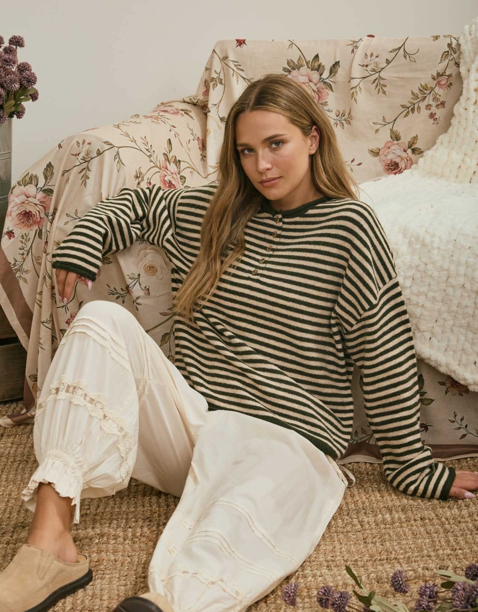 Miss Bliss J.O.A. Button Henley Stripe LS Drop Shoulder Sweater- Olive
