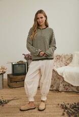 Miss Bliss J.O.A. Button Henley Stripe LS Drop Shoulder Sweater- Olive