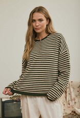 Miss Bliss J.O.A. Button Henley Stripe LS Drop Shoulder Sweater- Olive