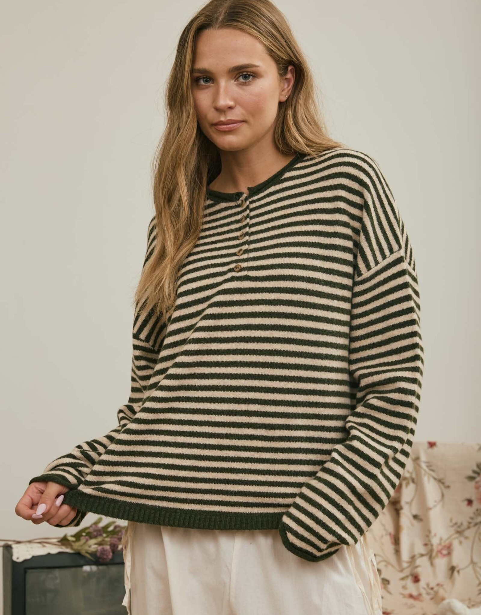 Miss Bliss J.O.A. Button Henley Stripe LS Drop Shoulder Sweater- Olive