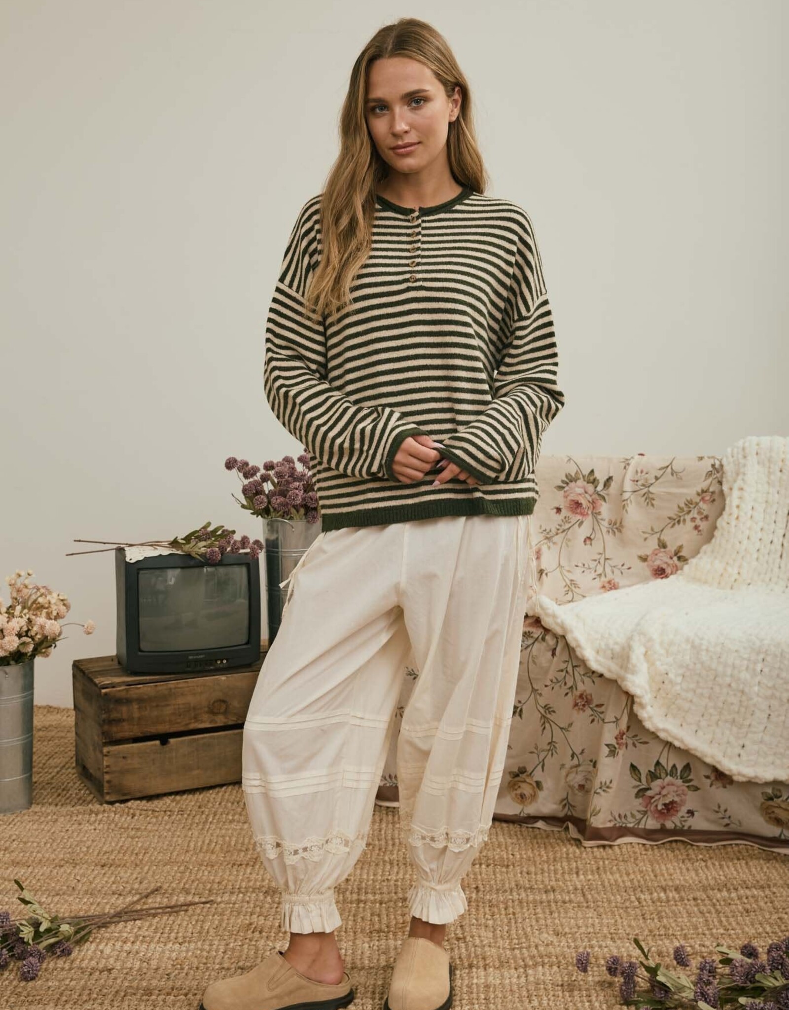 Miss Bliss J.O.A. Button Henley Stripe LS Drop Shoulder Sweater- Olive