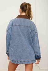 Miss Bliss J.O.A. Contrast Collar Latch Hook Washed Denim Jacket