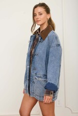 Miss Bliss J.O.A. Contrast Collar Latch Hook Washed Denim Jacket