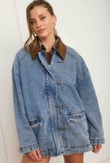 Miss Bliss J.O.A. Contrast Collar Latch Hook Washed Denim Jacket