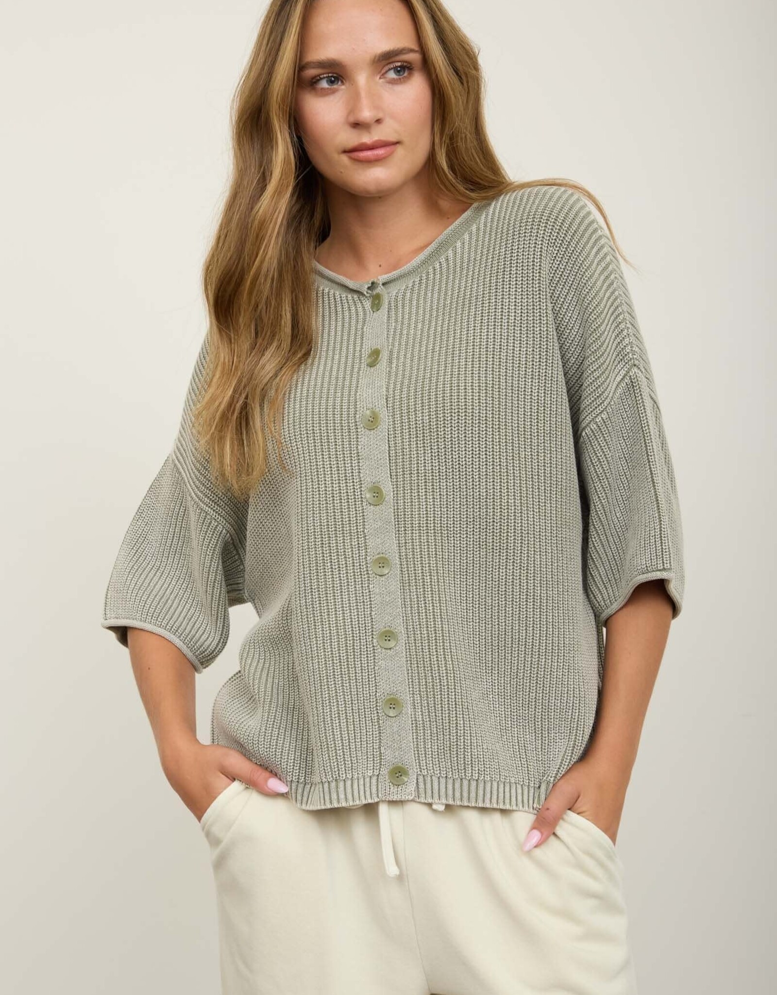 Miss Bliss J.O.A. Washed Ribbed SS Rolled Edge Cardigan- Lt. Olive