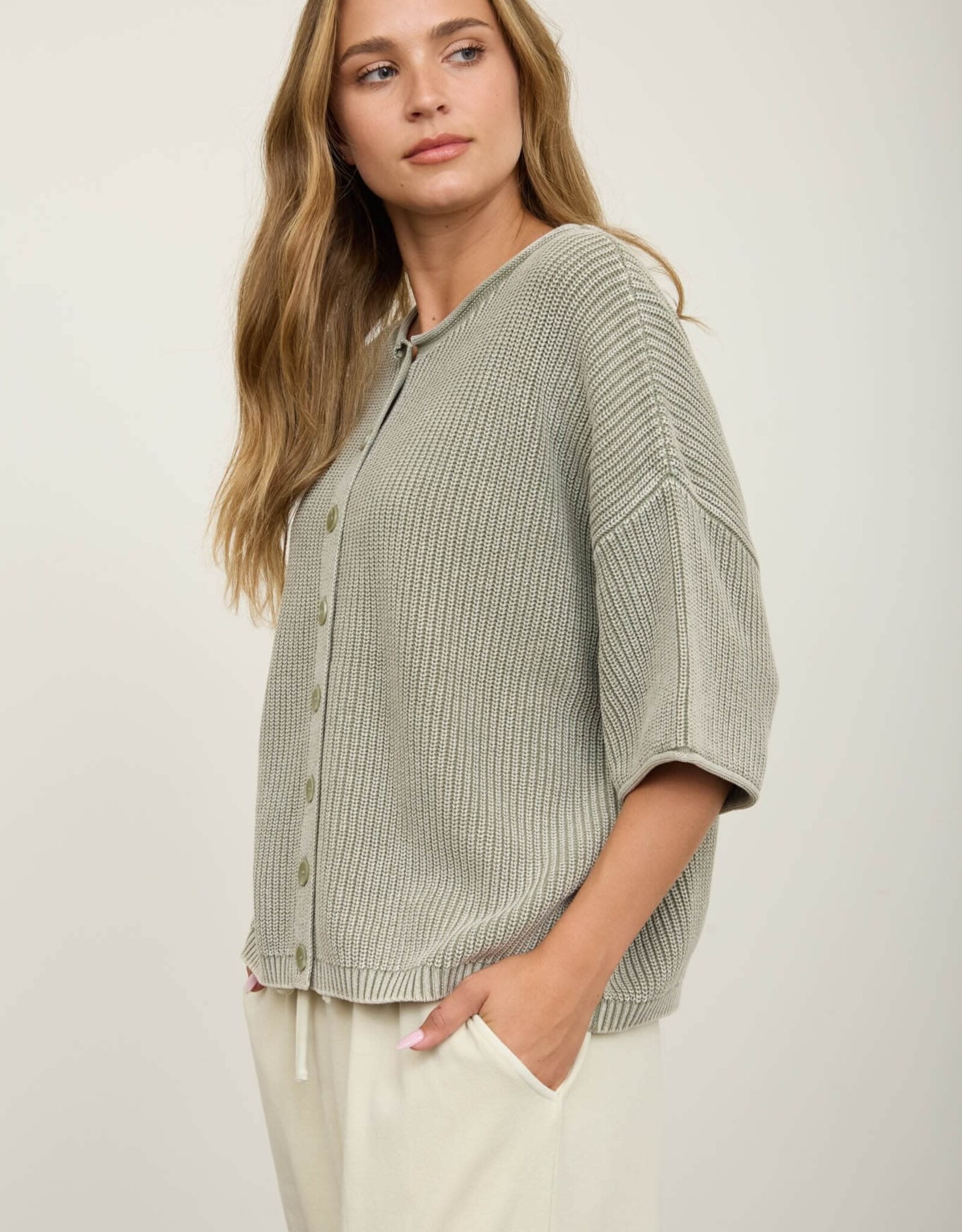 Miss Bliss J.O.A. Washed Ribbed SS Rolled Edge Cardigan- Lt. Olive