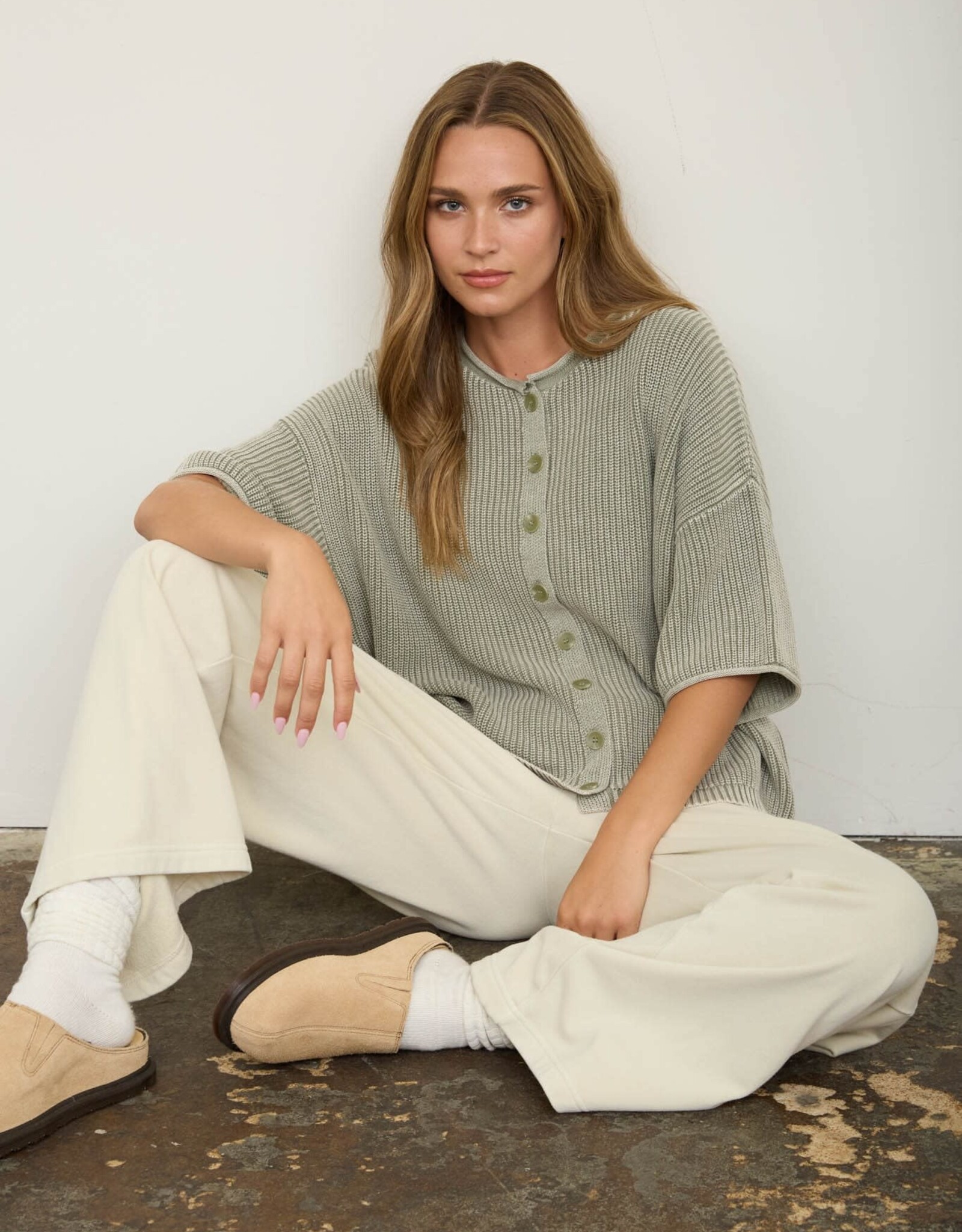 Miss Bliss J.O.A. Washed Ribbed SS Rolled Edge Cardigan- Lt. Olive