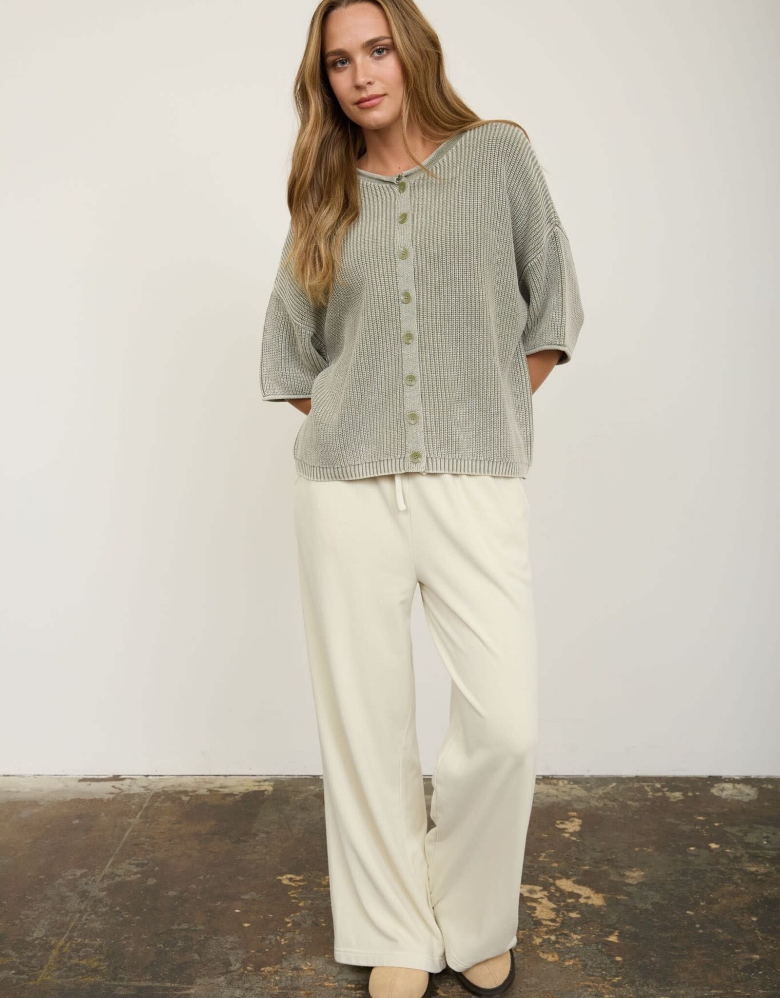 Miss Bliss J.O.A. Washed Ribbed SS Rolled Edge Cardigan- Lt. Olive