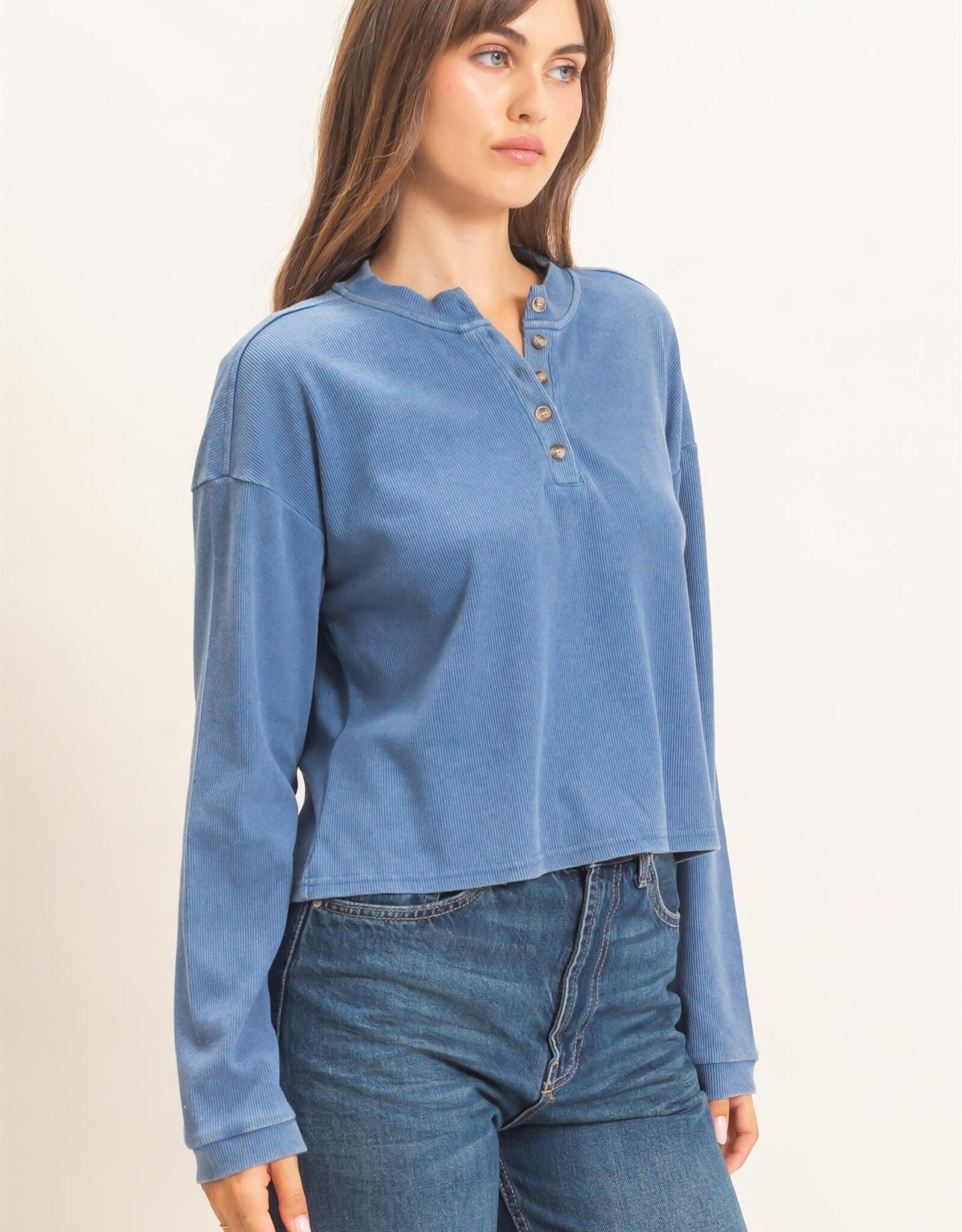 Miss Bliss HYFVE Buttoned Henley Top-Blue